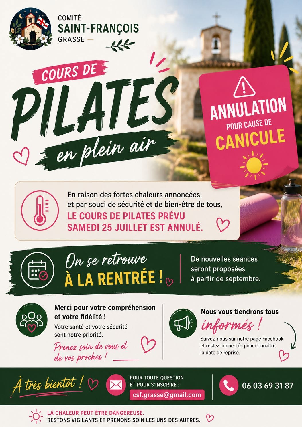 Cours de Pilates en plein air : annulation pour cause de canicule
